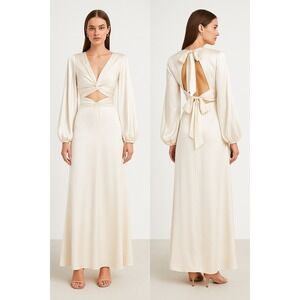 Stolen Studios Silk Satin Cutout Dress Medium Long Sleeve Bow Ruche Formal ALine